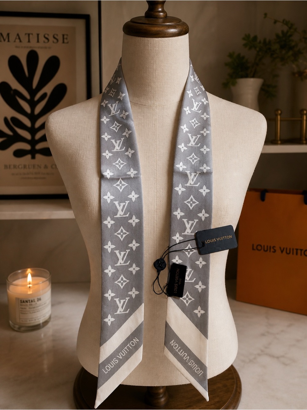 Luxury Silver Gray LV Monogram 100% silk bag scarf/ scarf - New